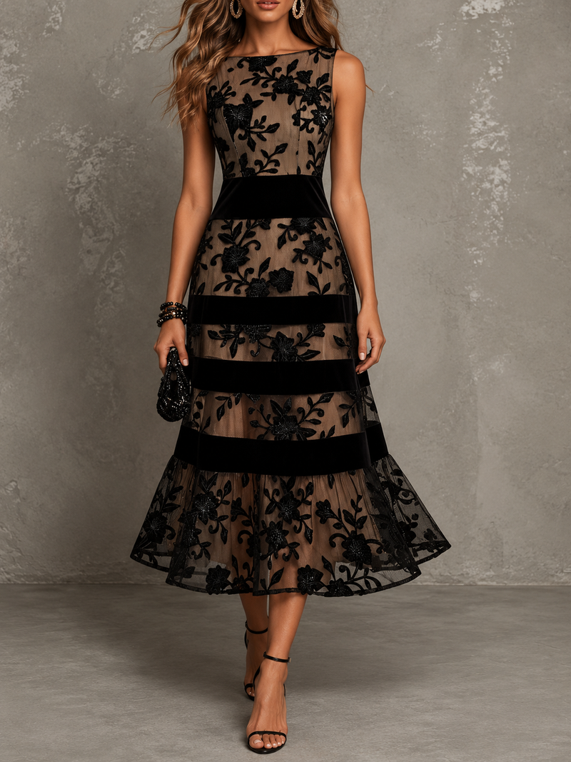 Cordelia Black Floral Appliqué Midi Dress