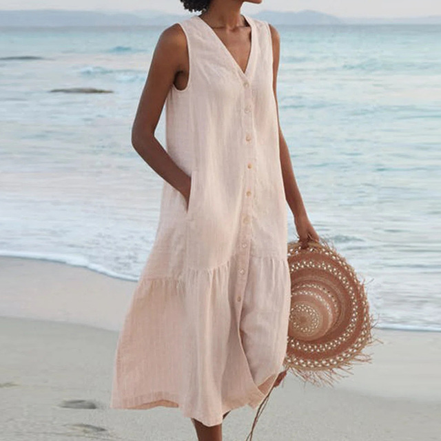 Sleeveless Linen Summer Dress – Loose Fit with Front Buttons