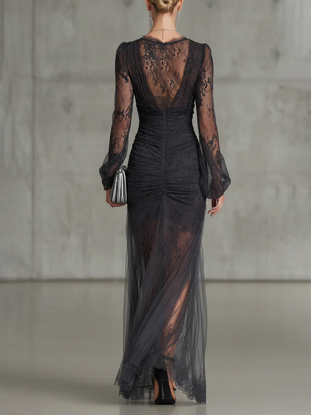 Quintina™ | Long Black Dress with Deep V-Neck and Dramatic Slit