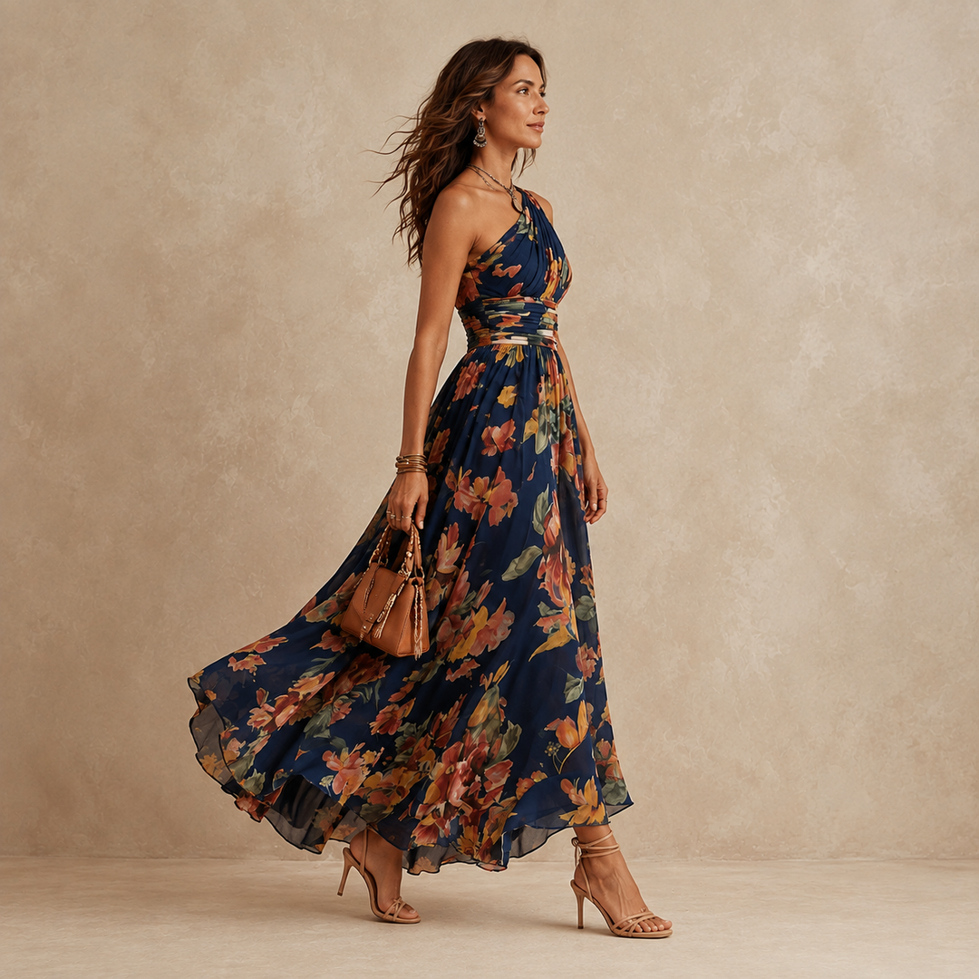 Celeste One-Shoulder Floral Maxi hanging