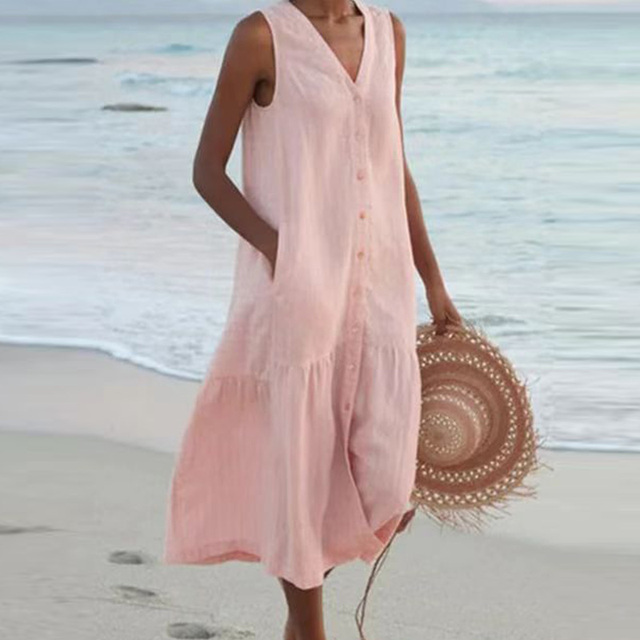 Sleeveless Linen Summer Dress – Loose Fit with Front Buttons