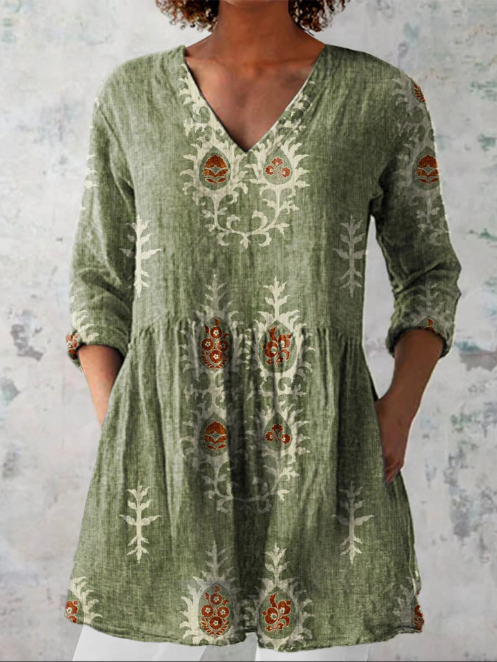 Elise Long Blouse with V-Neck Green