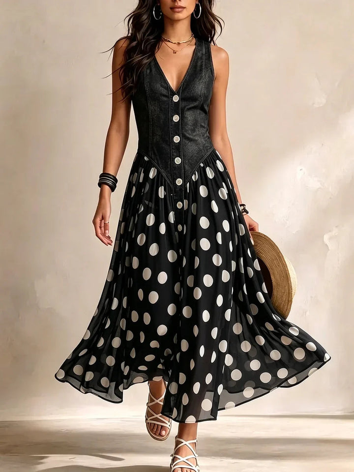 Adeline | Denim-Effect Polka Dot Maxi Dress