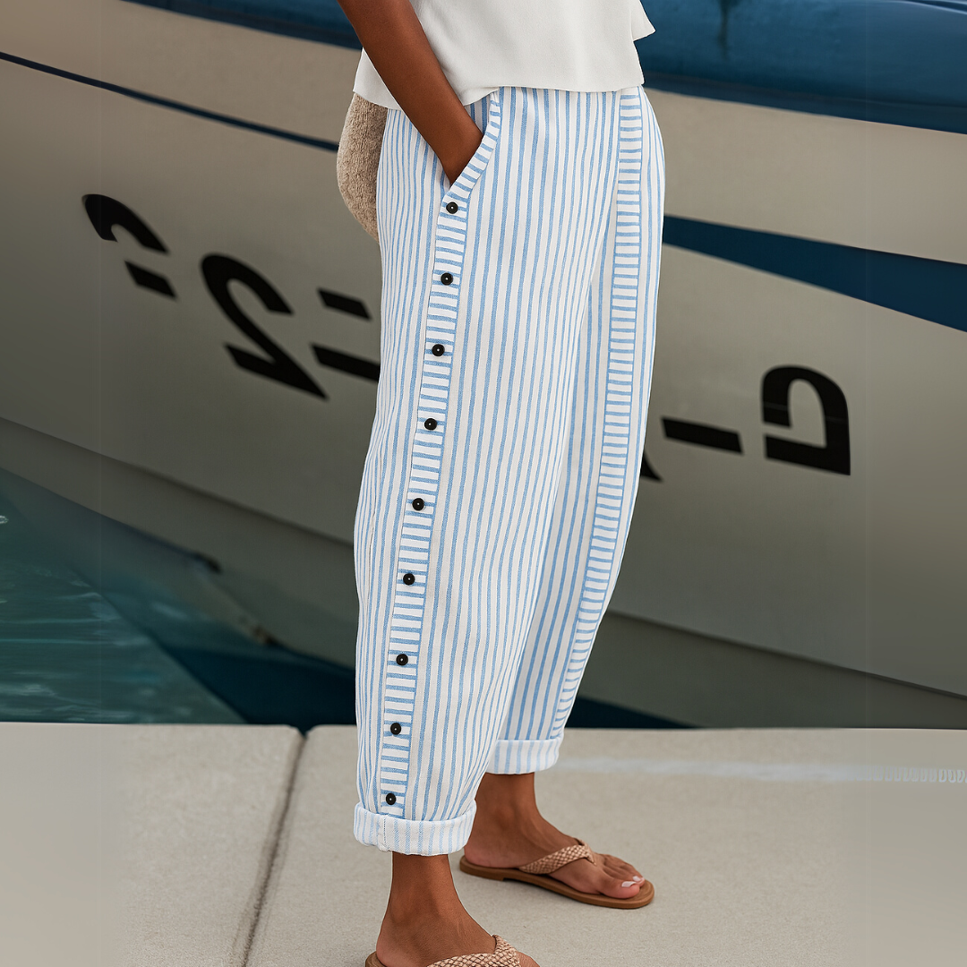 Caitlin Striped Button High-Waisted Pants
