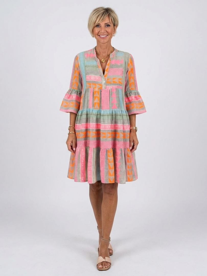 Maelle Geometric Print V Neck Tiered Knee Length Dress - front view