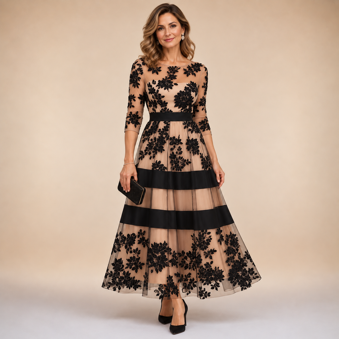 Adeline™ | Floral Lace Midi Evening Dress