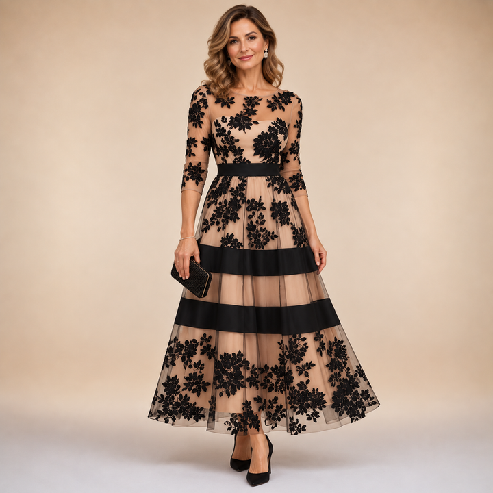 Adeline™ | Floral Lace Midi Evening Dress