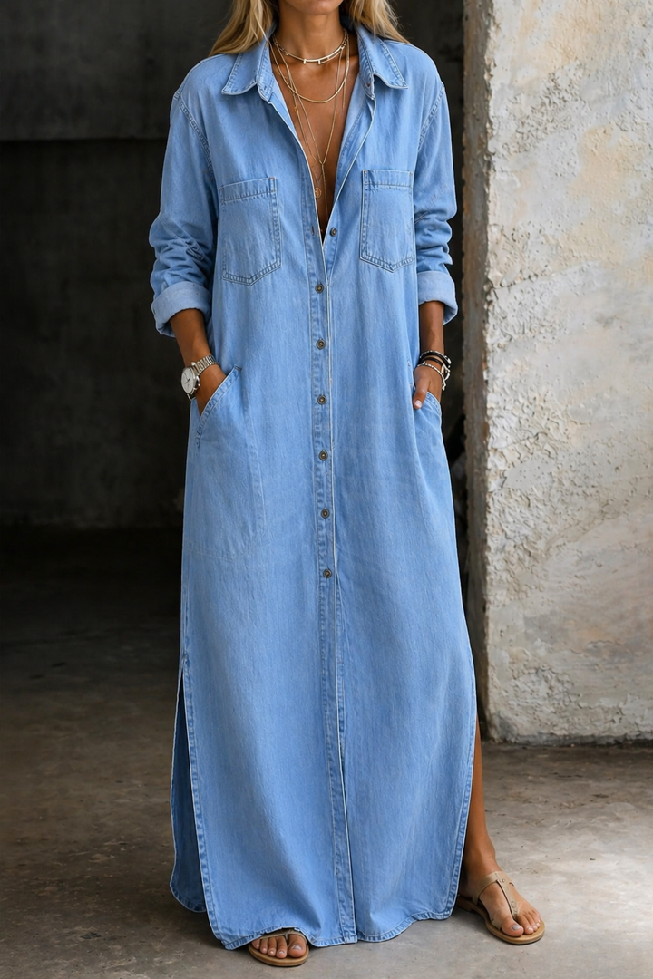 Andrea Denim Button-Front Maxi Dress