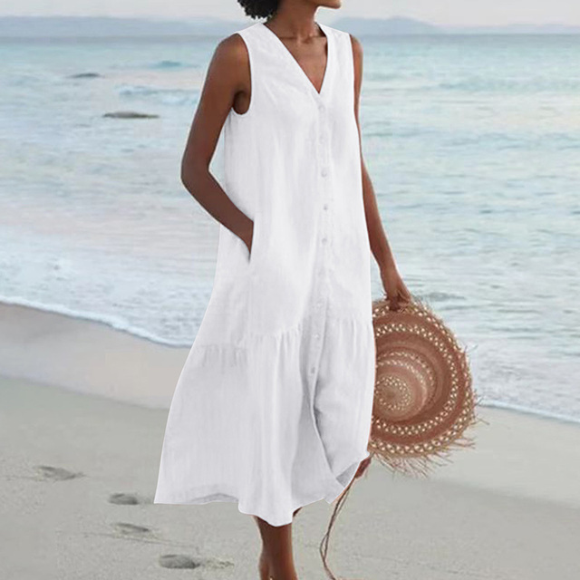 Sleeveless Linen Summer Dress – Loose Fit with Front Buttons
