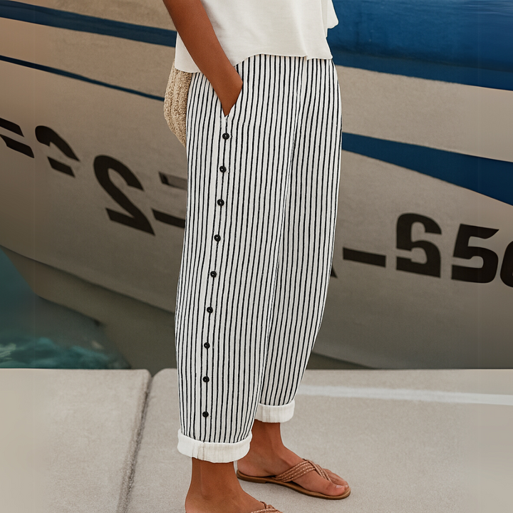 Caitlin Striped Button High-Waisted Pants
