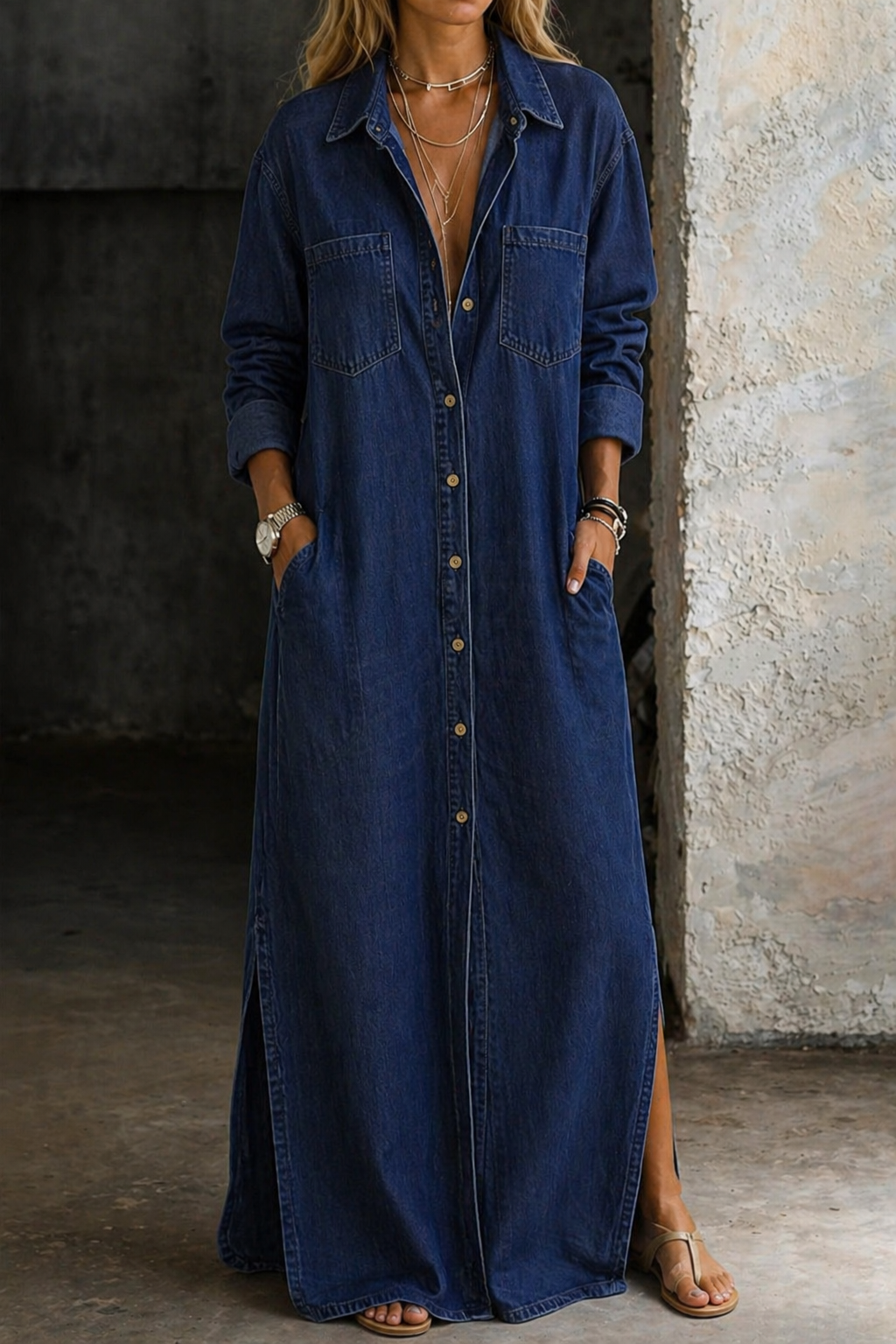 Andrea Denim Button-Front Maxi Dress