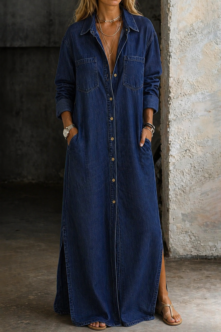 Andrea Denim Button-Front Maxi Dress