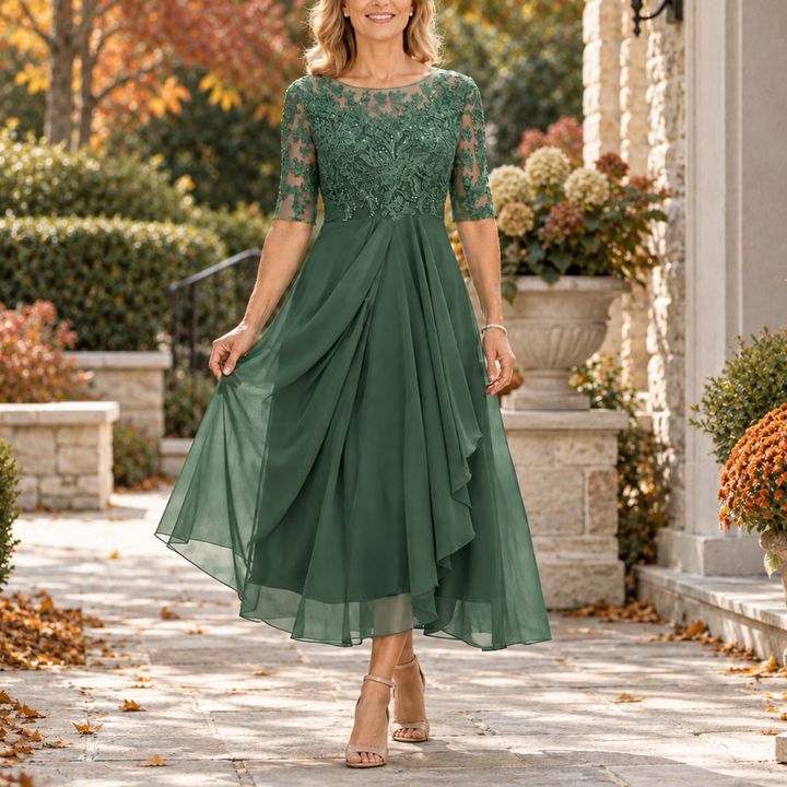 Avi™ | Lace Bodice Draped Midi Dress