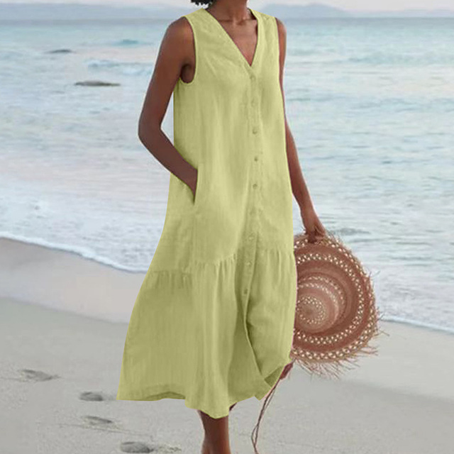 Sleeveless Linen Summer Dress – Loose Fit with Front Buttons