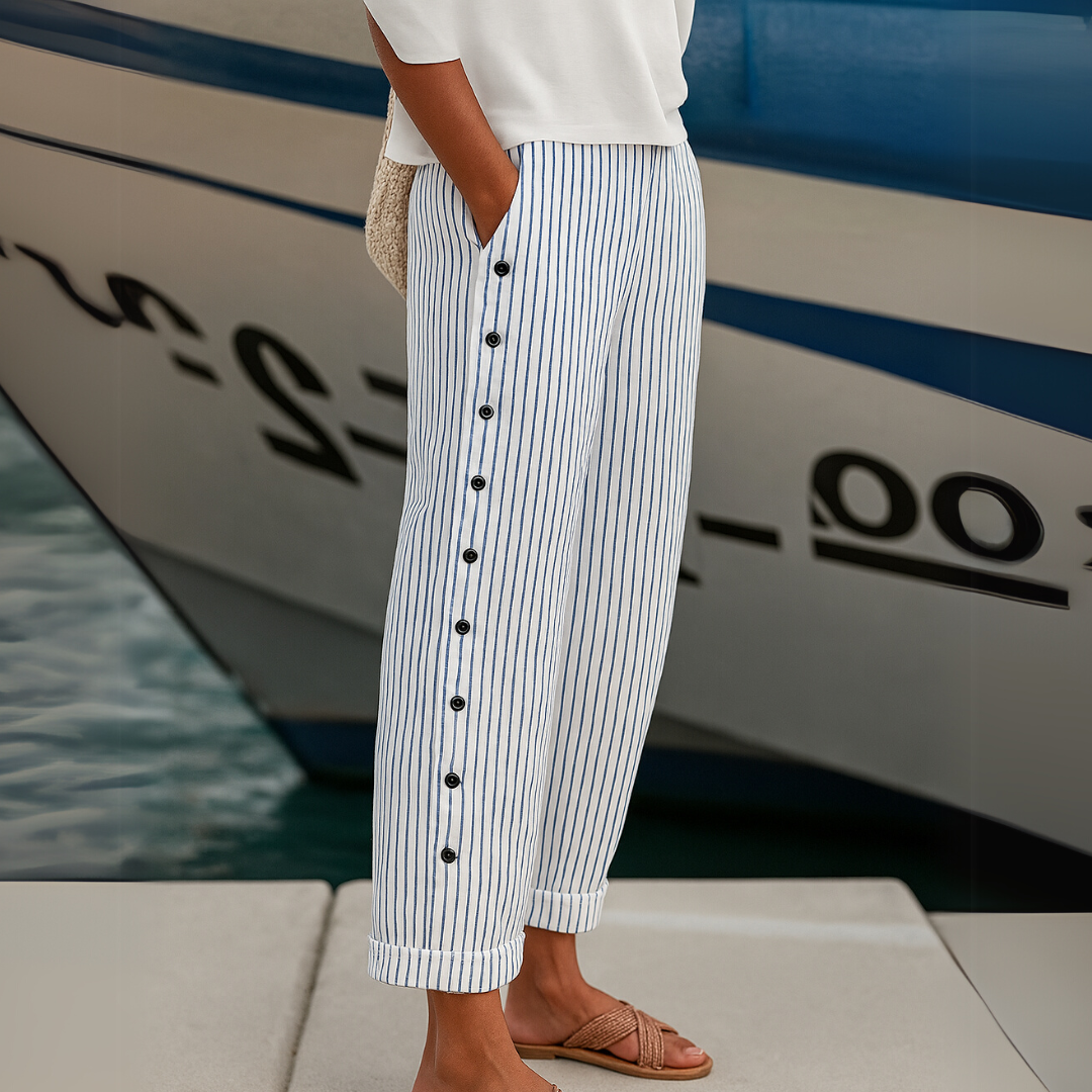 Caitlin Striped Button High-Waisted Pants