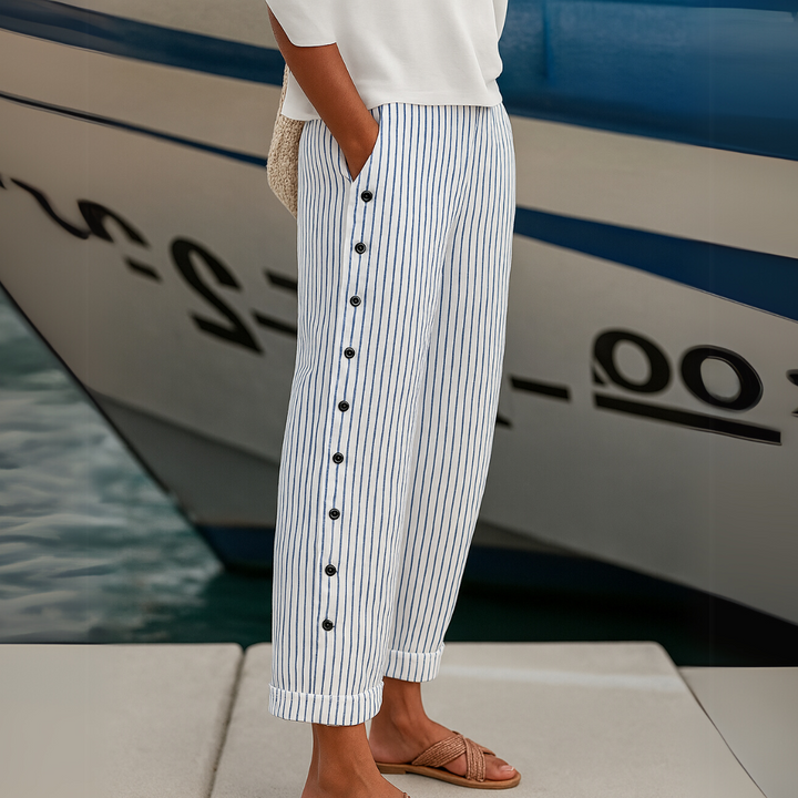 Caitlin Striped Button High-Waisted Pants