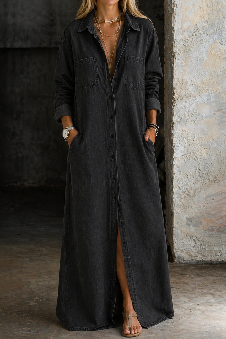 Andrea Denim Button-Front Maxi Dress