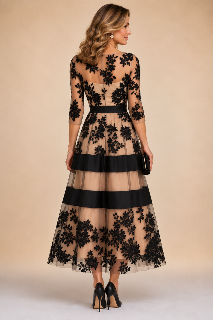 Adeline™ | Floral Lace Midi Evening Dress