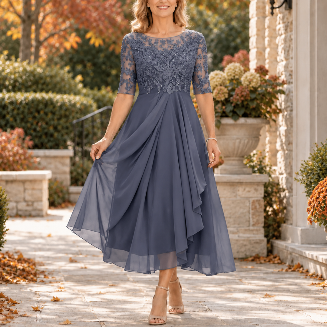 Avi™ | Lace Bodice Draped Midi Dress