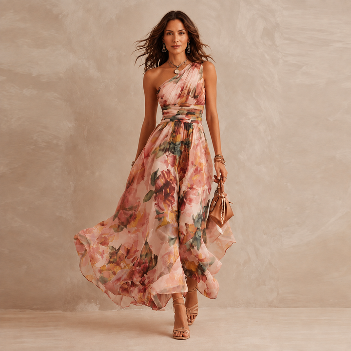 Celeste One-Shoulder Floral Maxi - Pink