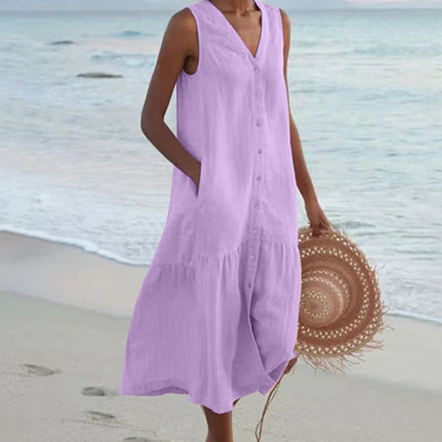 Sleeveless Linen Summer Dress – Loose Fit with Front Buttons