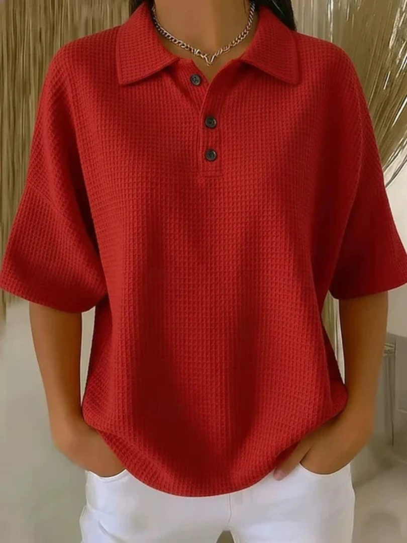 Peggie Comfortable Waffle Polo Blouse