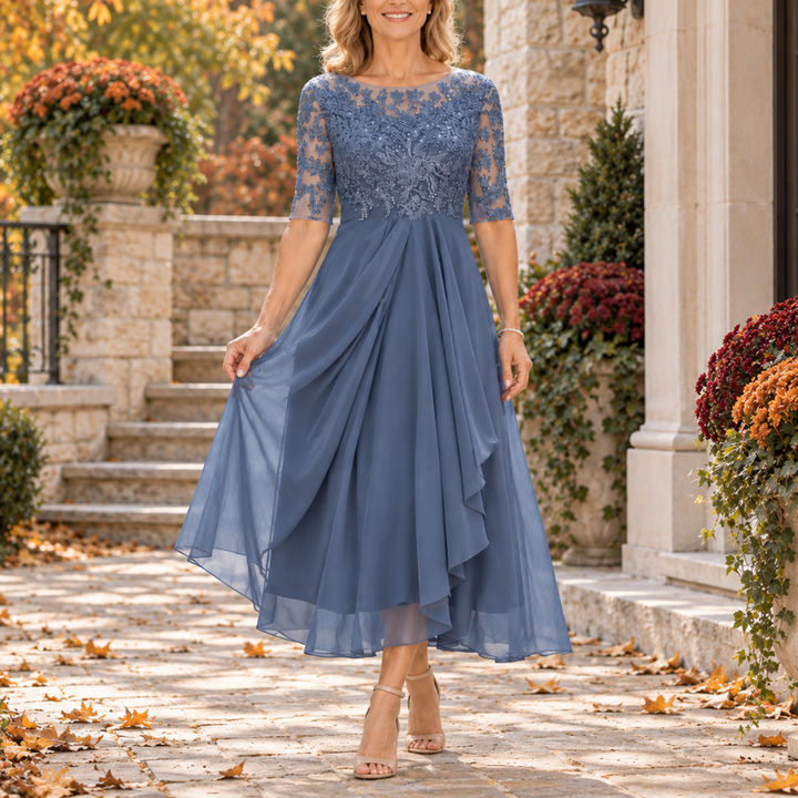 Avi™ | Lace Bodice Draped Midi Dress