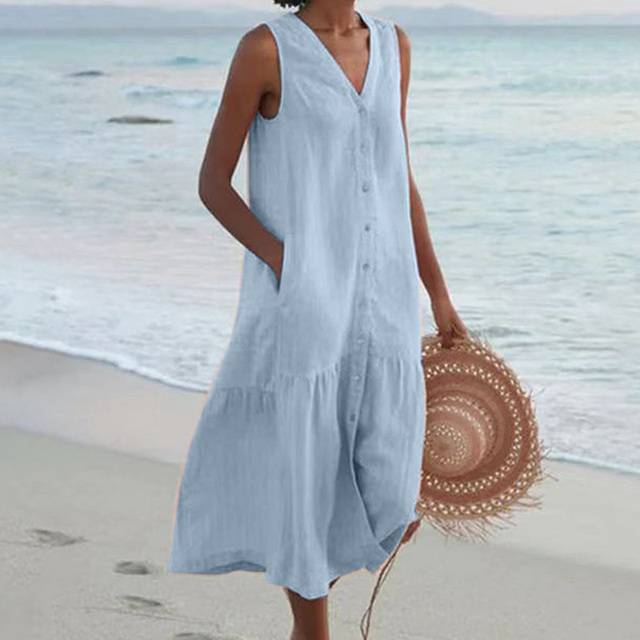 Sleeveless Linen Summer Dress – Loose Fit with Front Buttons