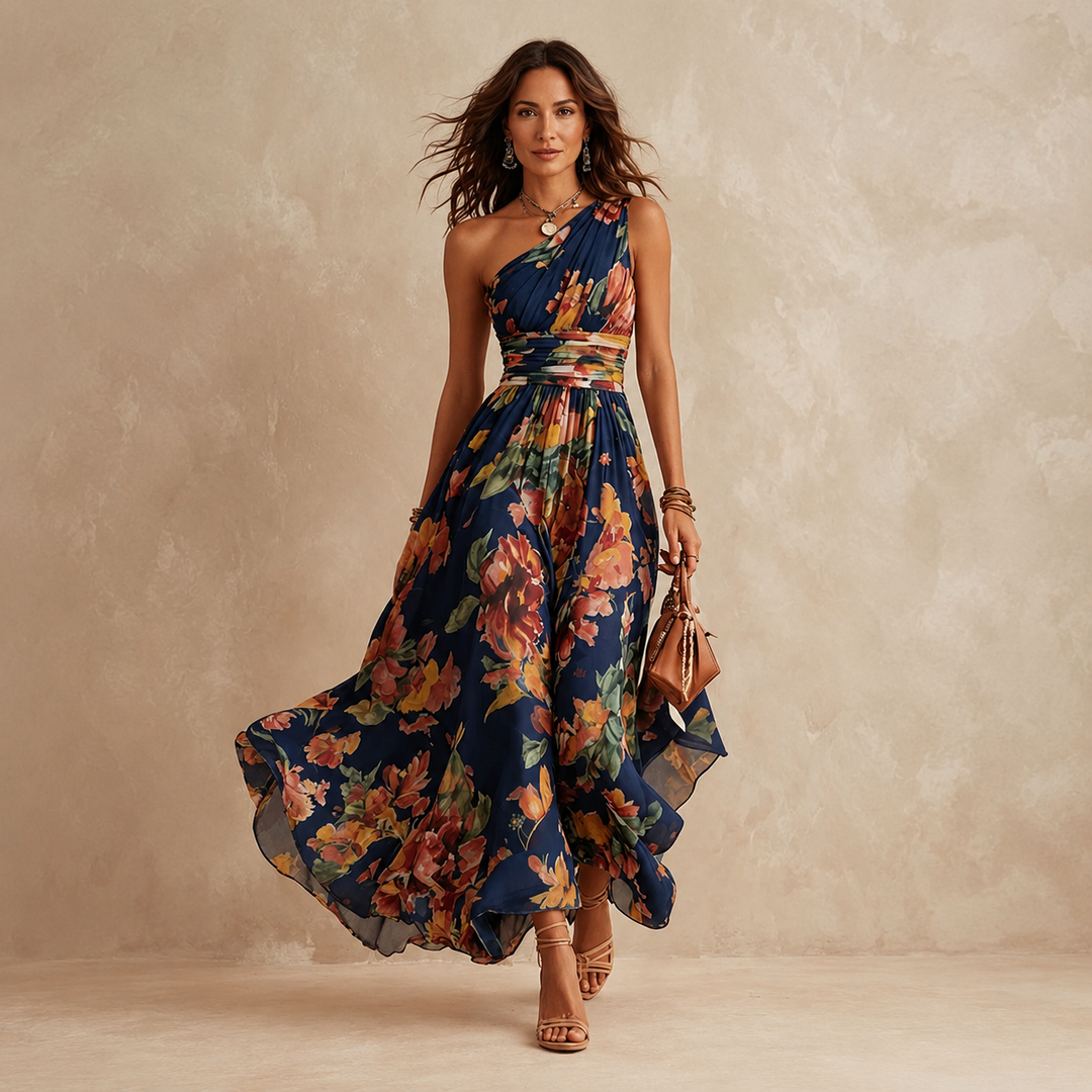 Celeste One-Shoulder Floral Maxi - Navy
