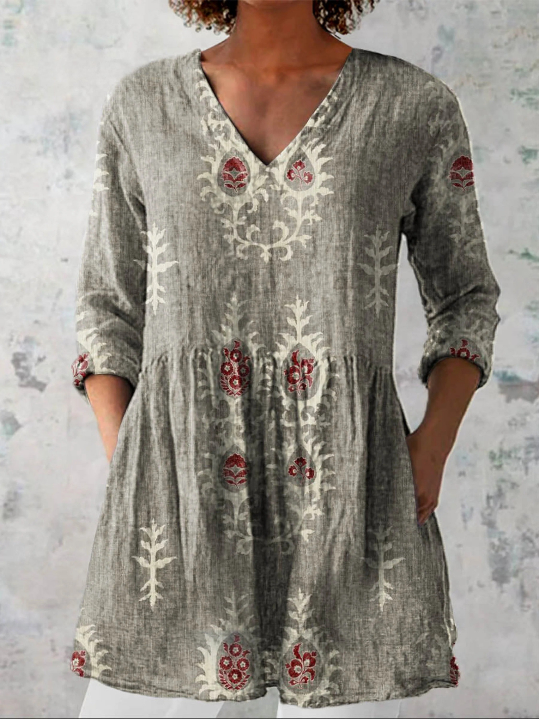 Elise Long Blouse with V-Neck Gray