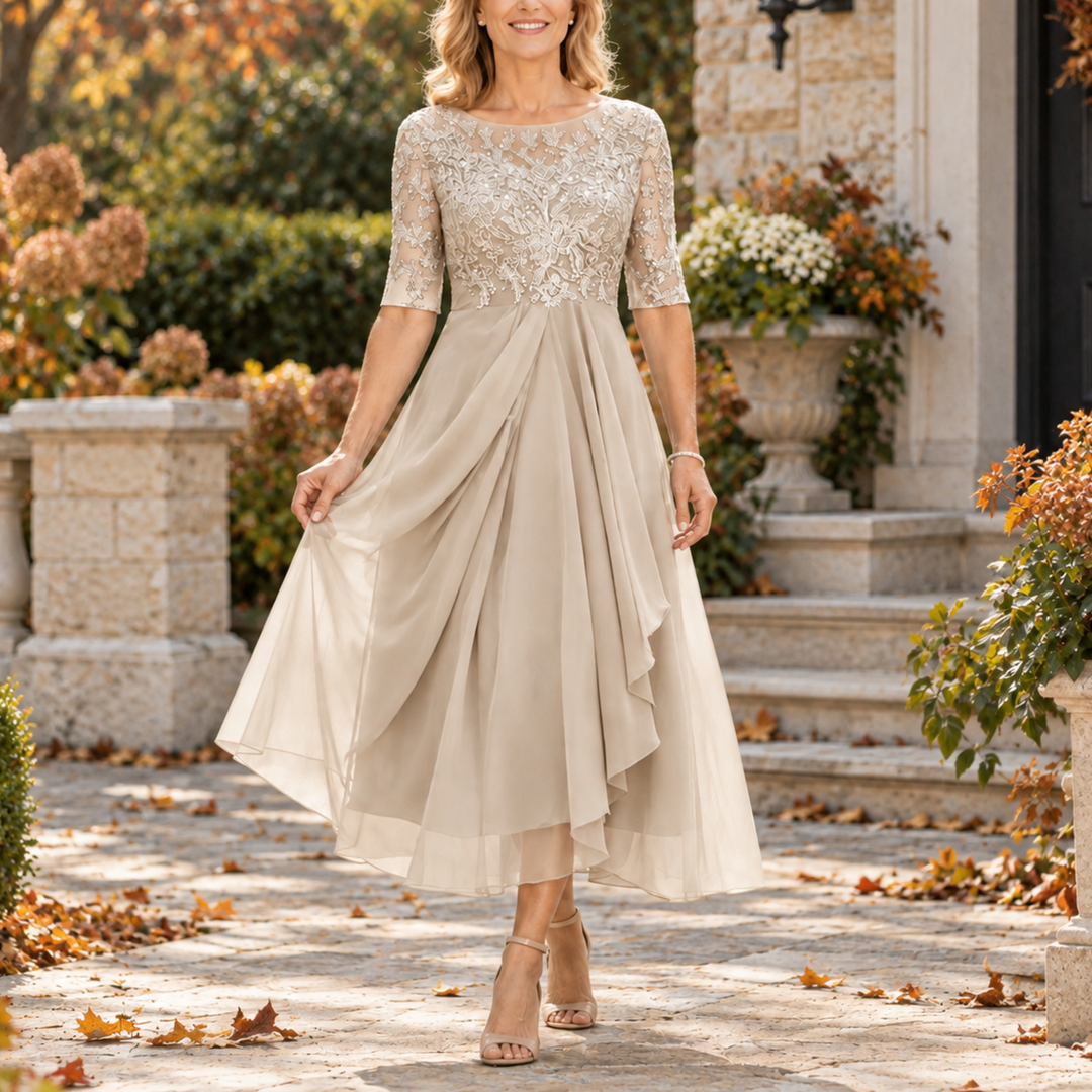Avi™ | Lace Bodice Draped Midi Dress