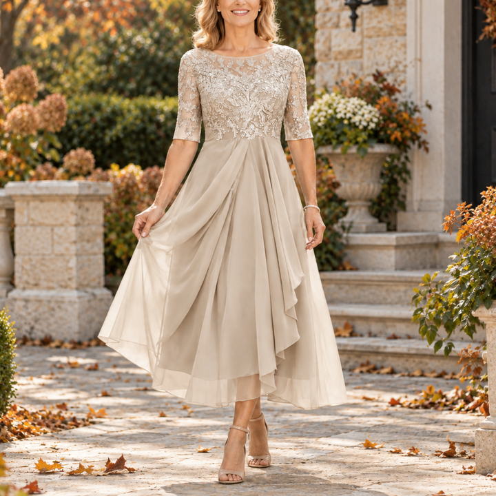 Avi™ | Lace Bodice Draped Midi Dress