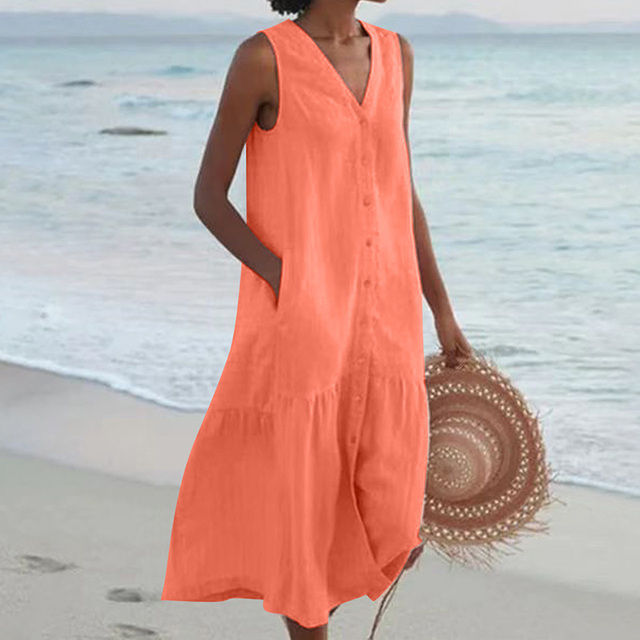 Sleeveless Linen Summer Dress – Loose Fit with Front Buttons