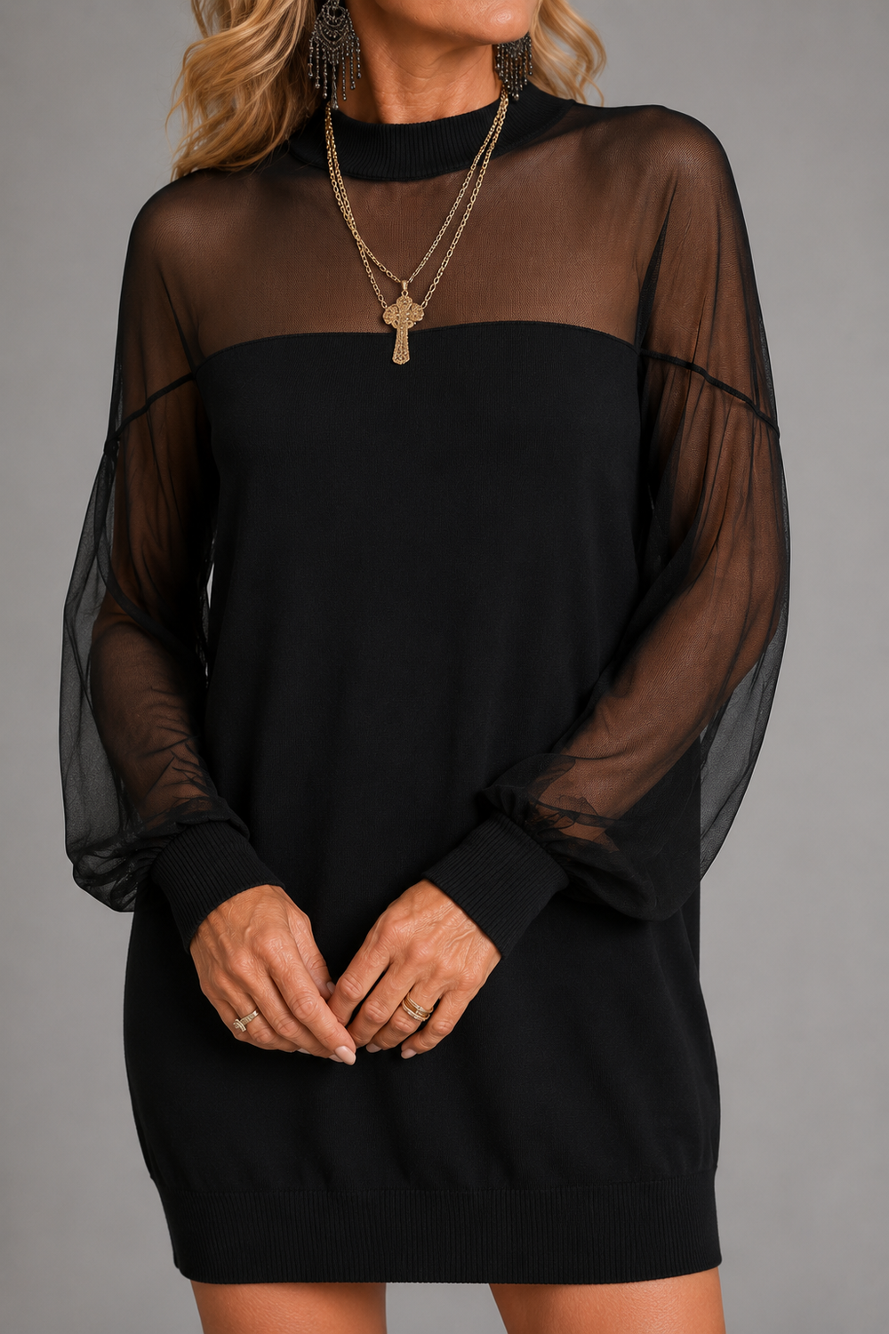 Amélie Black Mesh-Sleeve Mini Dress