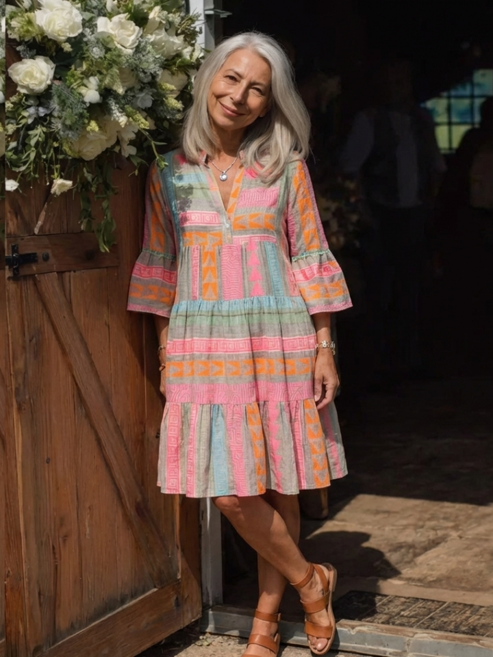 Maelle Geometric Print V Neck Tiered Knee Length Dress - outdoor styling