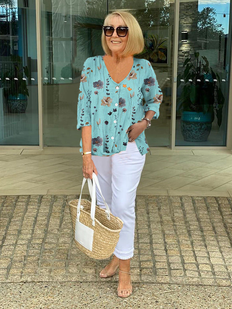 Joanne Printed Button Tunic Top - Sky Blue