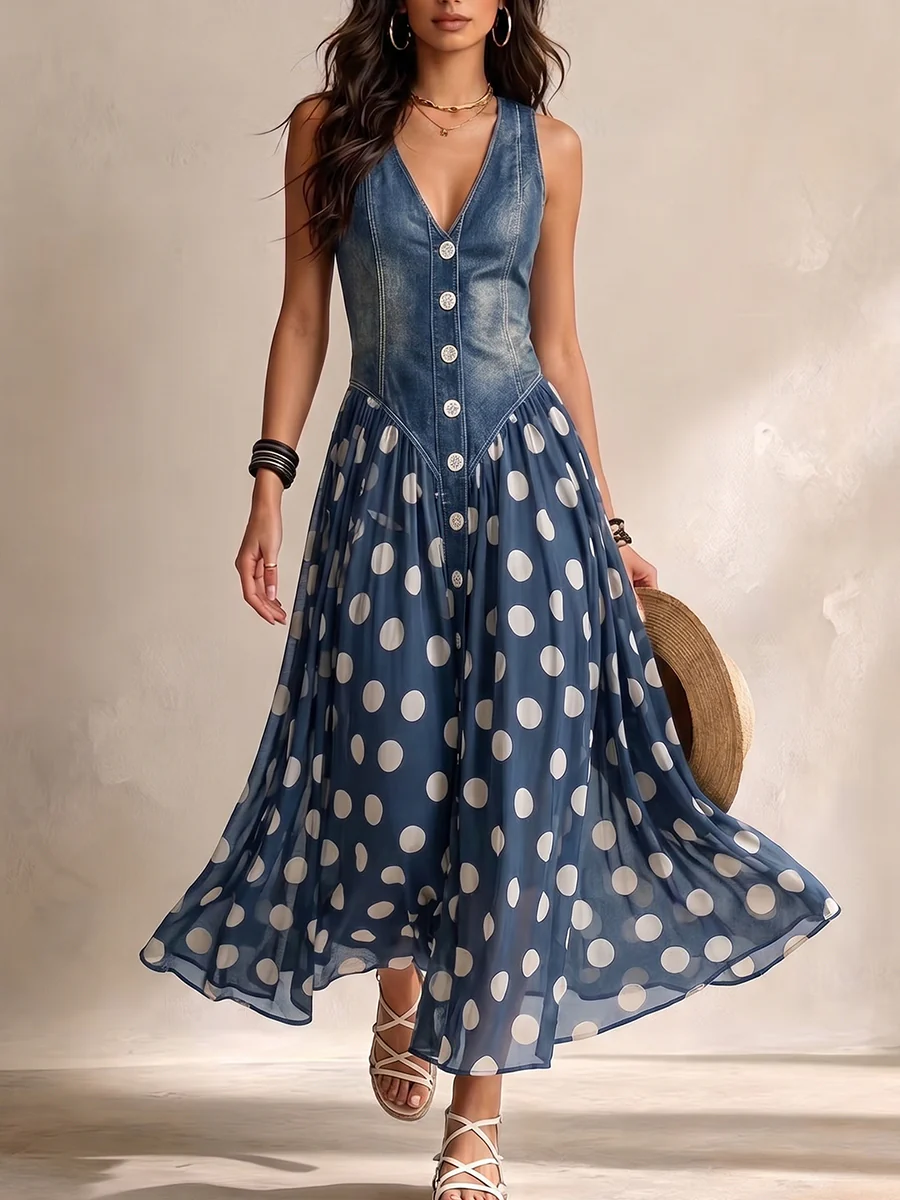 Adeline | Denim-Effect Polka Dot Maxi Dress