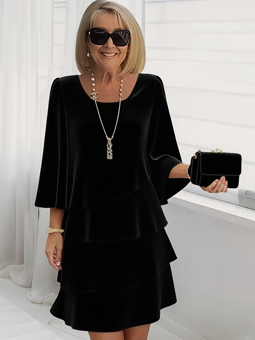 Catherine Elegant Dress with Ruffle - Nero