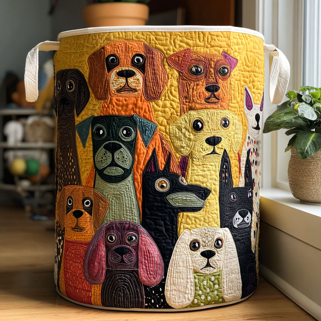 Quilted Laundry Basket with Dogs in the Forest