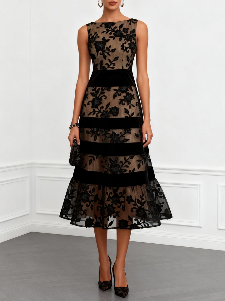 Cordelia Black Floral Appliqué Midi Dress