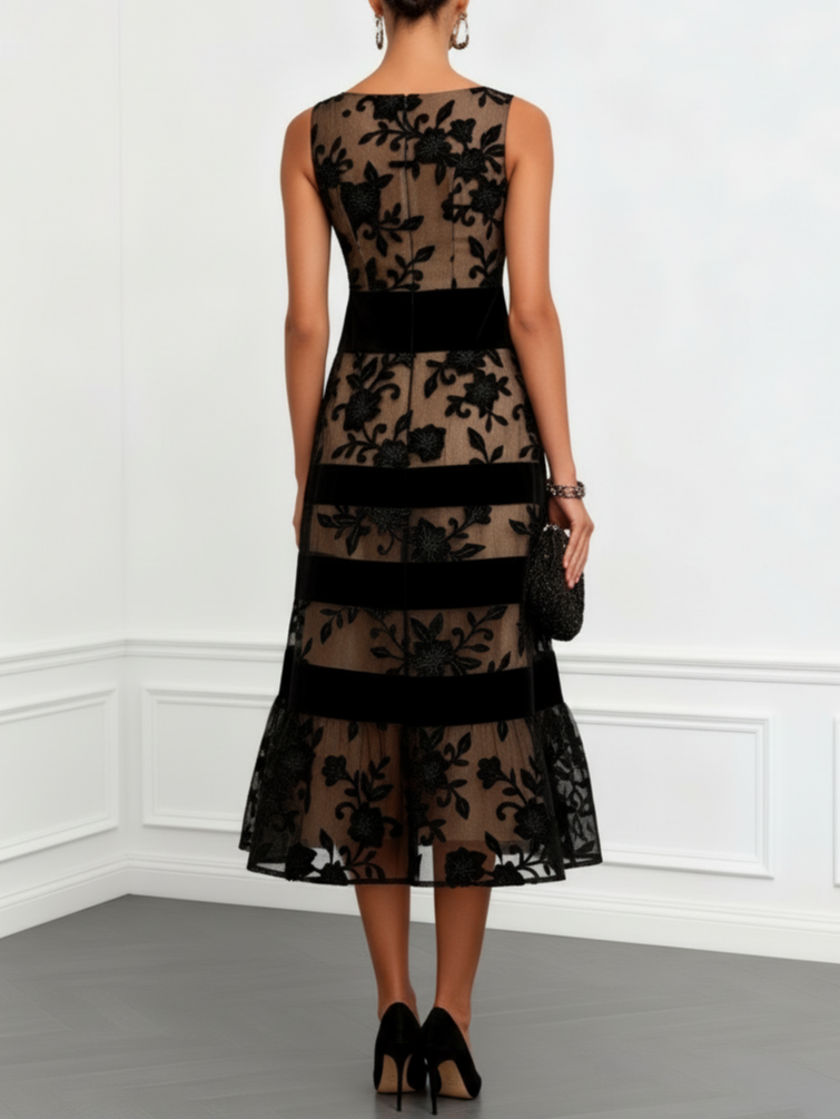 Cordelia Black Floral Appliqué Midi Dress