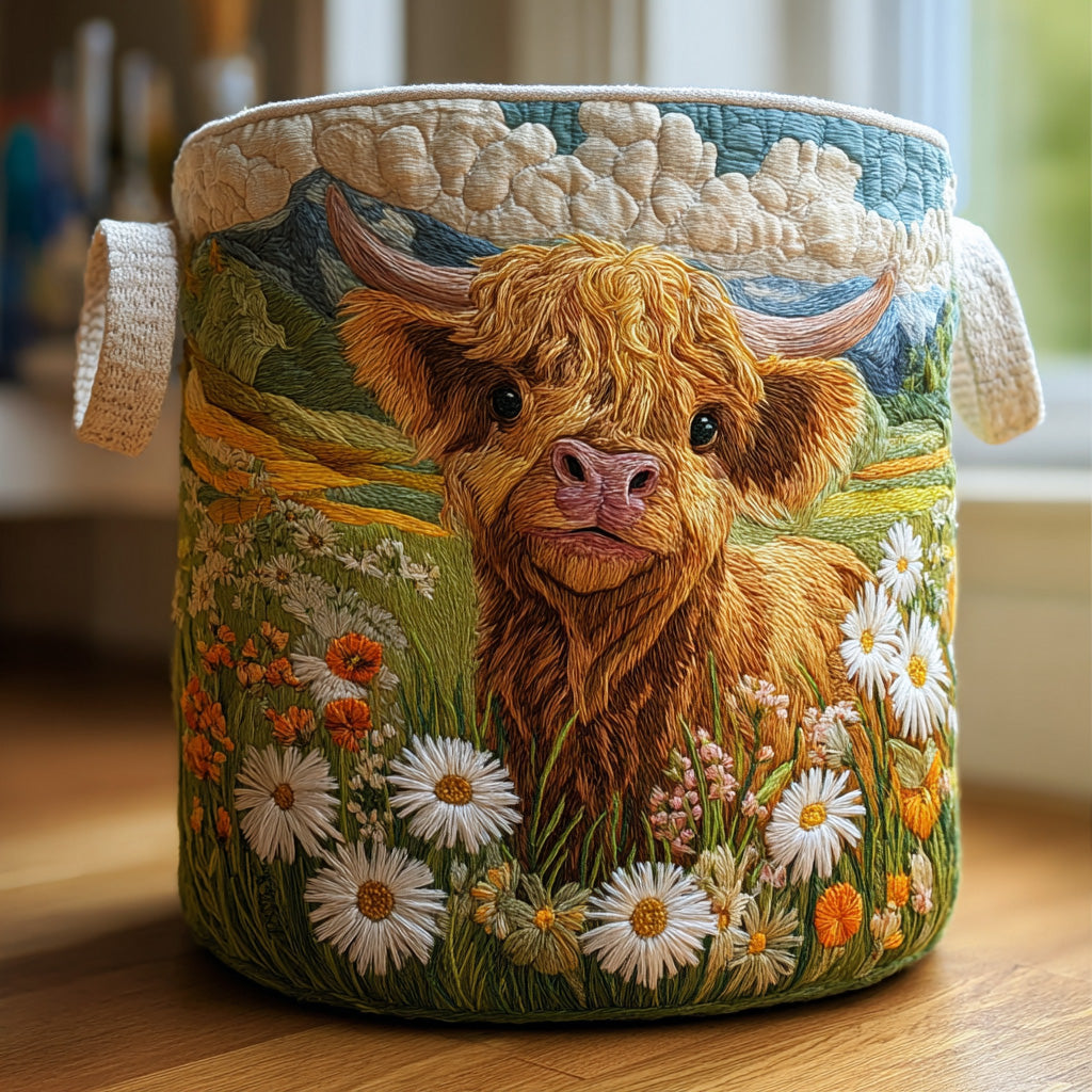 Quilted Laundry Basket with Highland Cow Surrounded by Flowers