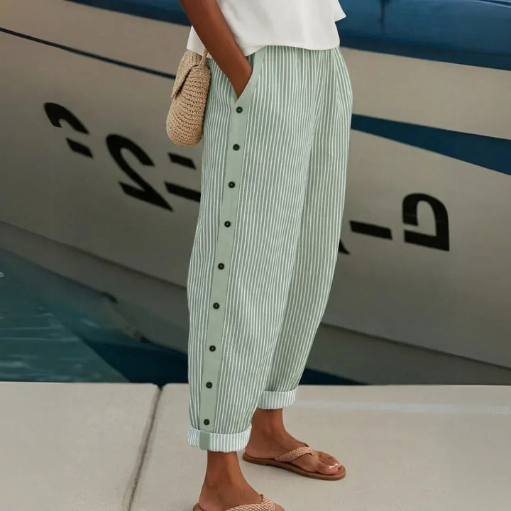 Caitlin Striped Button High-Waisted Pants