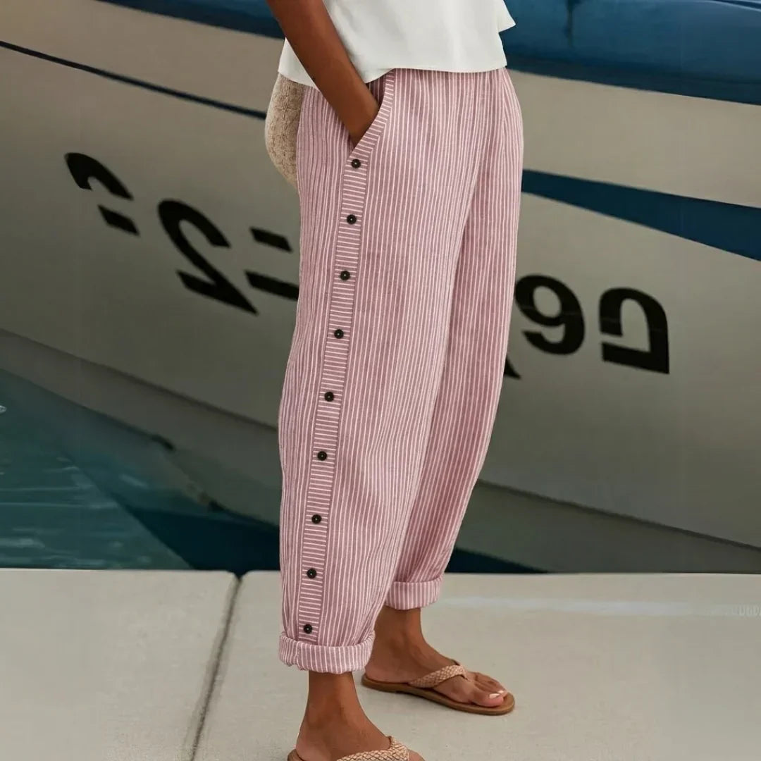 Caitlin Striped Button High-Waisted Pants
