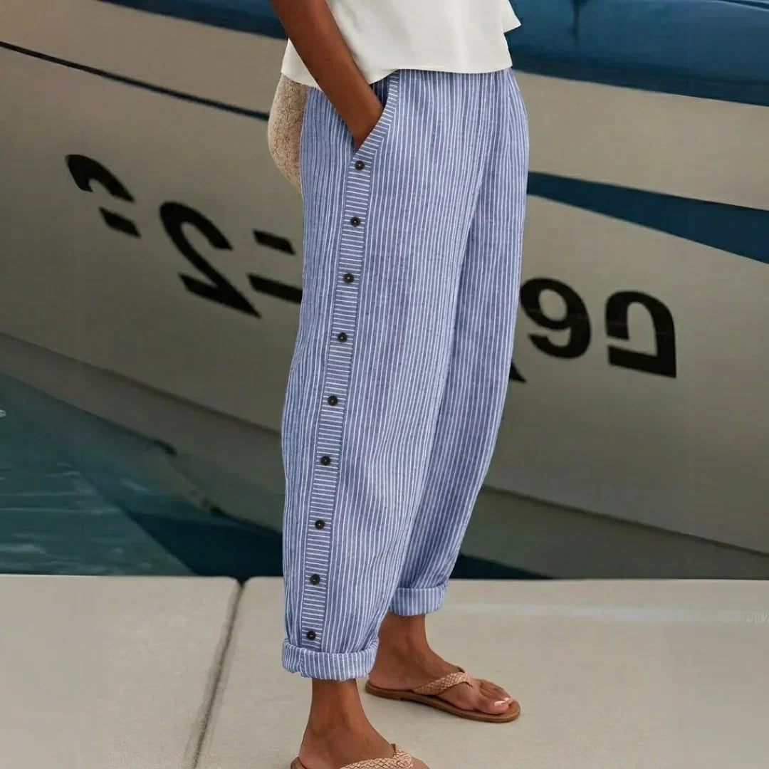 Caitlin Striped Button High-Waisted Pants