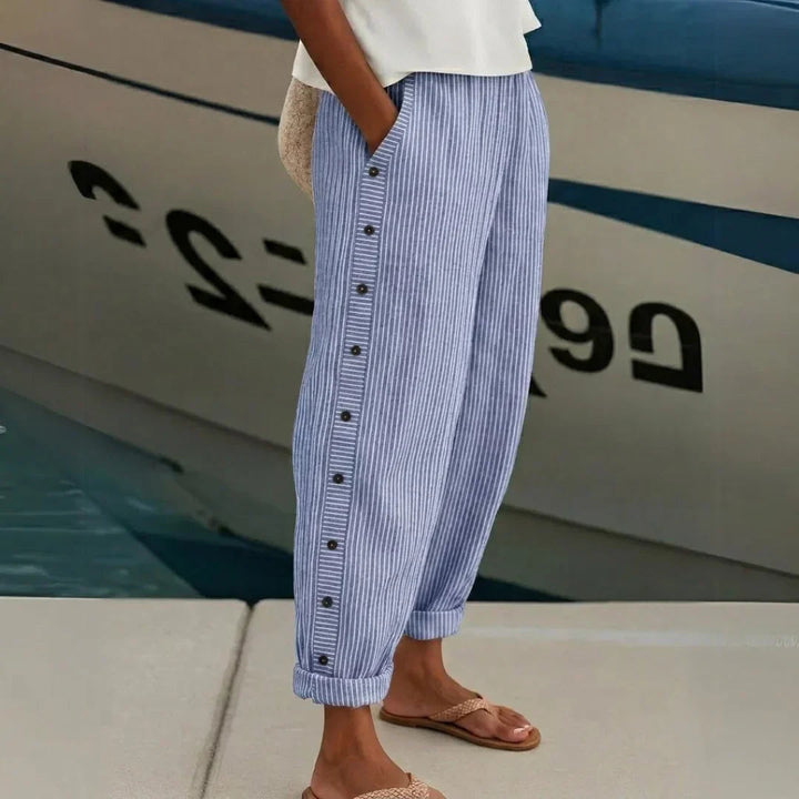 Caitlin Striped Button High-Waisted Pants