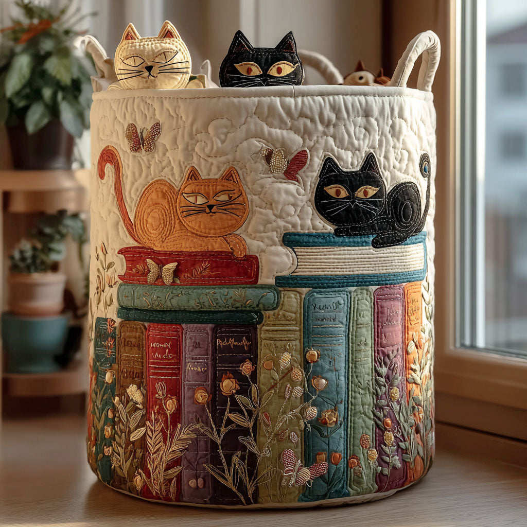 Quilted Laundry Basket with Parade of Cats
