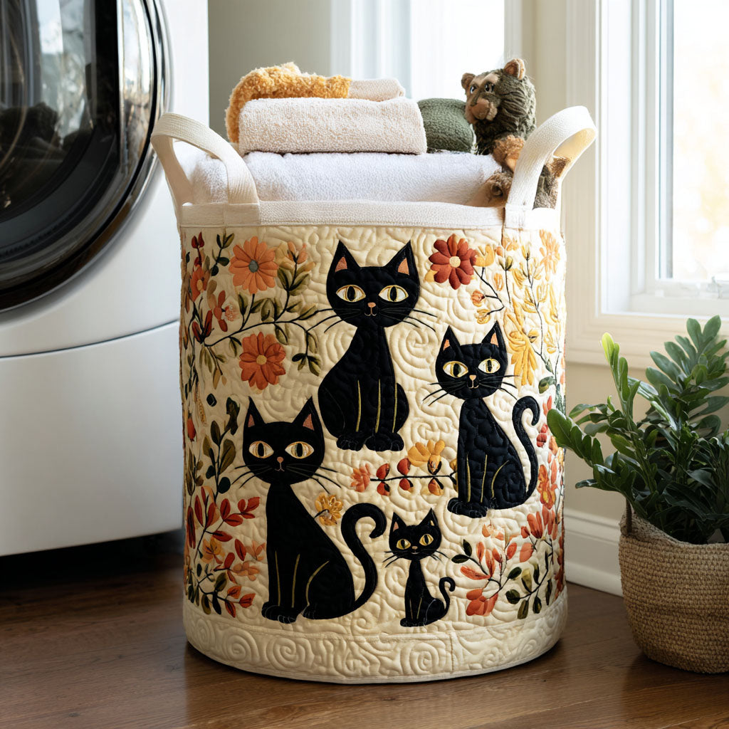 Quilted Laundry Basket with Cats Among Flowers