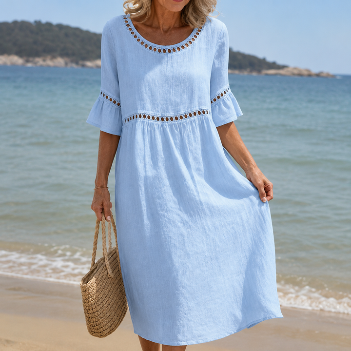 Helene Linen Blend Long Dress with Cutwork Detail