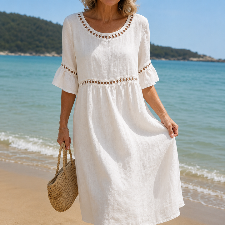 Helene Linen Blend Long Dress with Cutwork Detail